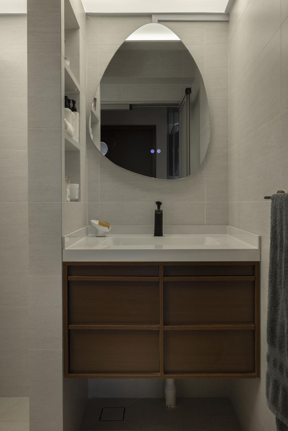 Contemporary Bathroom with Wood Flooring and Rainshower