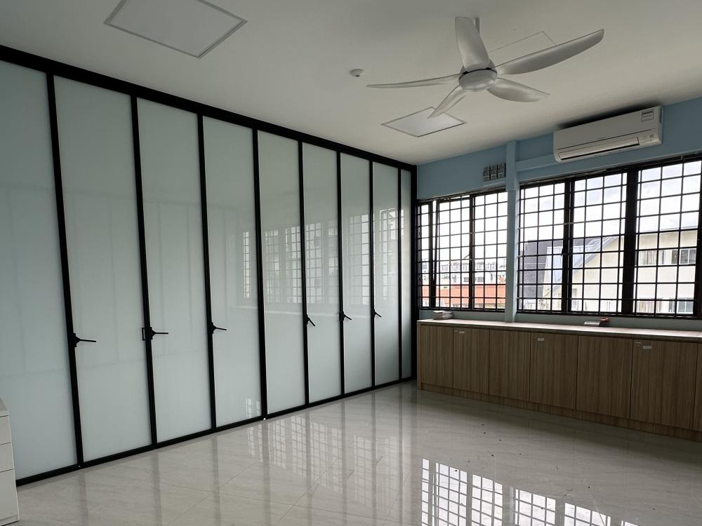 Transitional Study with Glass Door and Ceiling Light