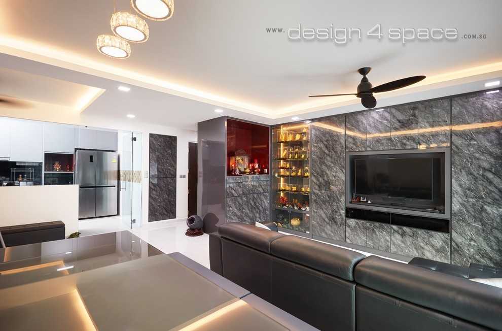 Transitional Living Room with Bookshelf and Homogeneous Tiles