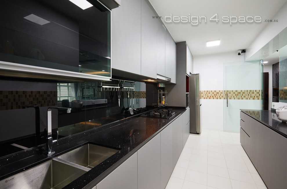 Transitional Kitchen with Wood Flooring and Kitchen Island