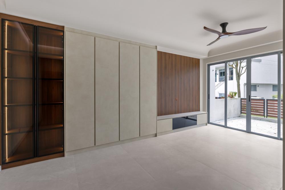 Scandinavian Living Room with TV Console and Feature Wall