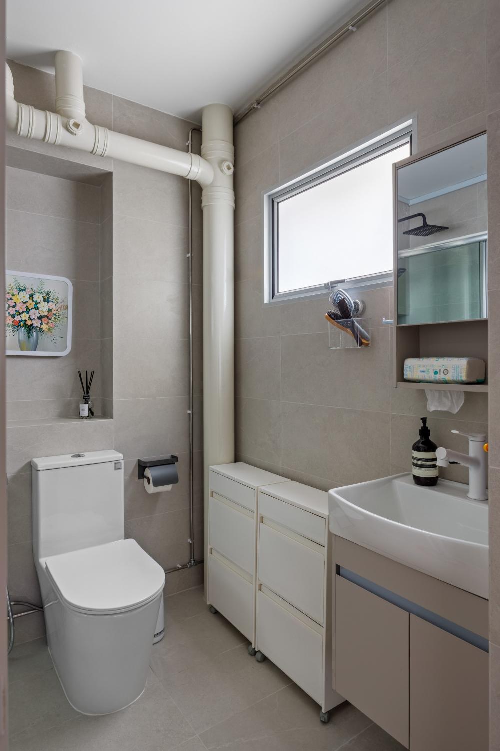 Scandinavian Bathroom with Homogeneous Tiles and Storage Cabinets