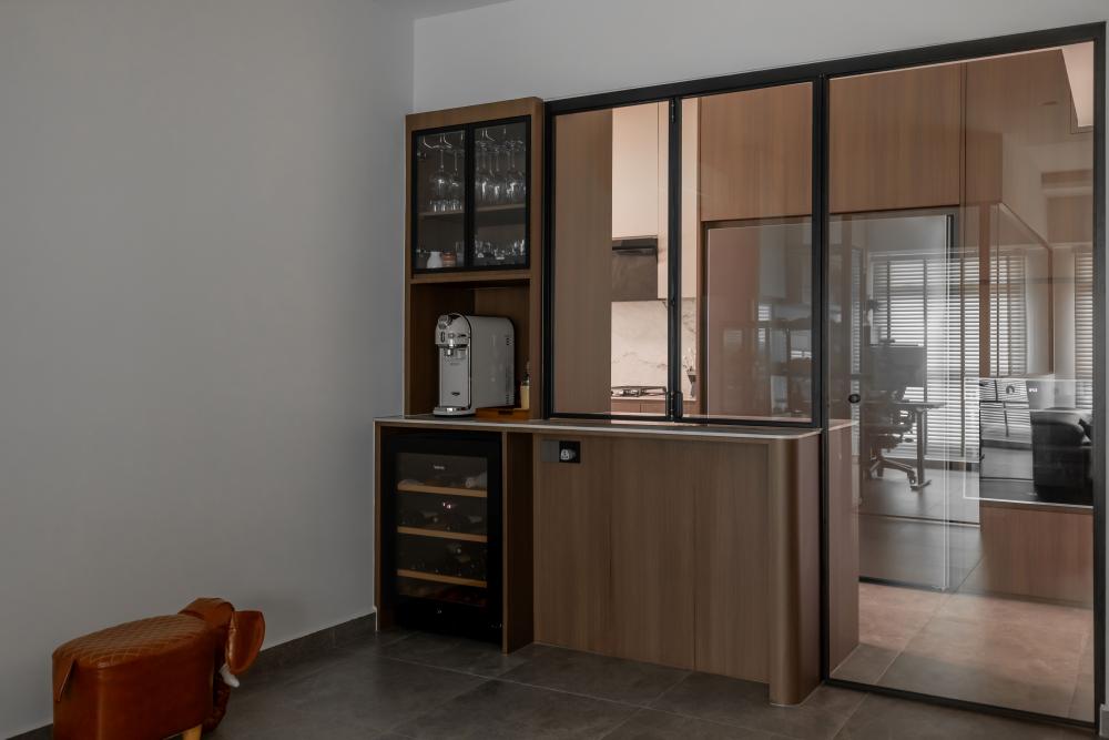 Contemporary Wine Cellar with Drinkware and Shelving Units