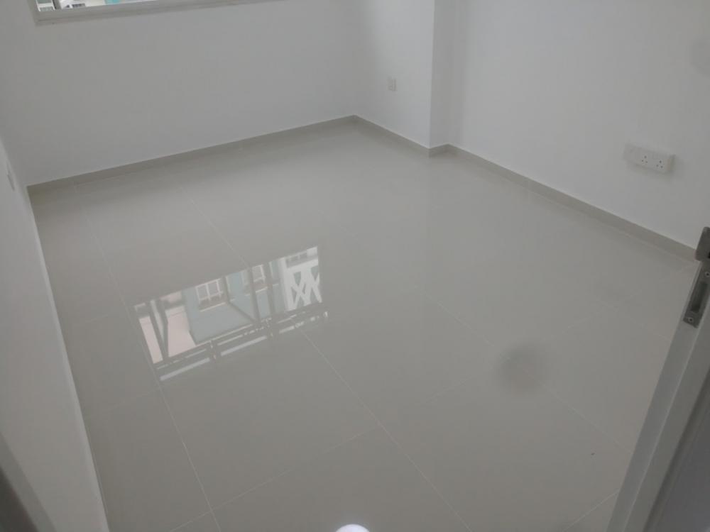 Asian Bedroom with Platform Bed and Vinyl Flooring