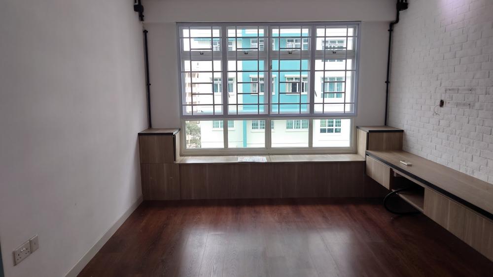 Asian Living Room with Vinyl Flooring and Feature Wall