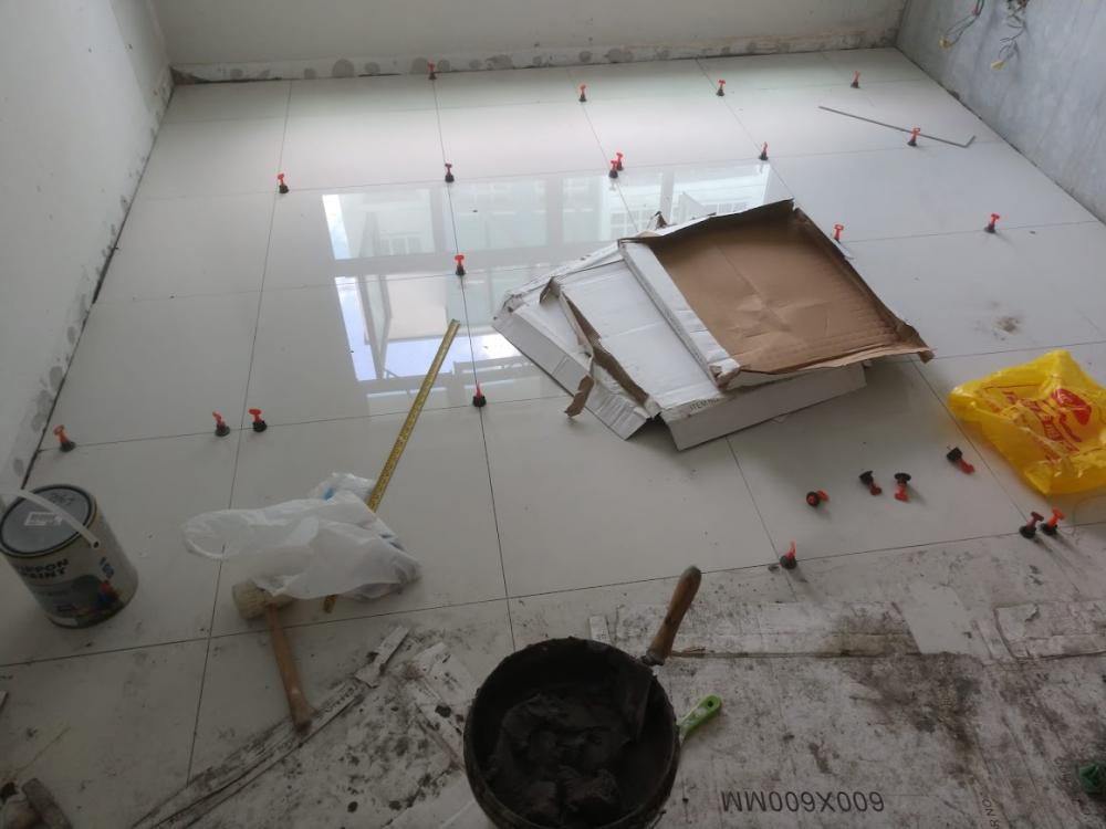 Asian Bedroom with Vinyl Flooring and Homogeneous Tiles