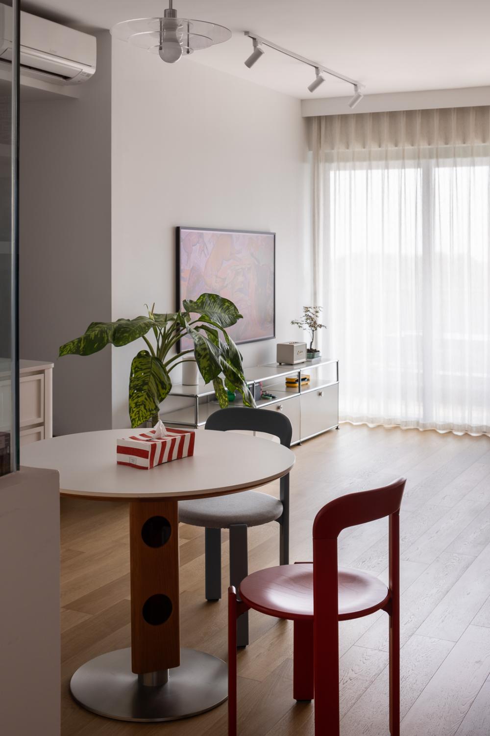 Eclectic Dining Room with Wood Flooring and Dining Table