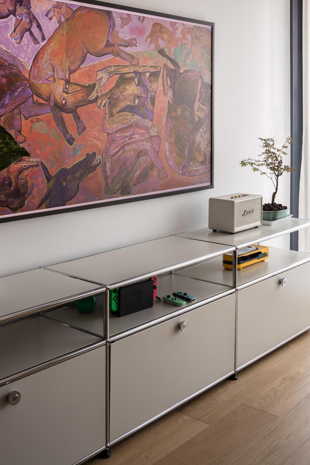 Eclectic Living Room with Wood Flooring and TV Console
