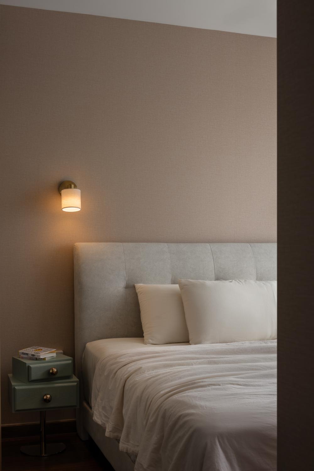 Eclectic Bedroom with Wallpaper and Bedside Table