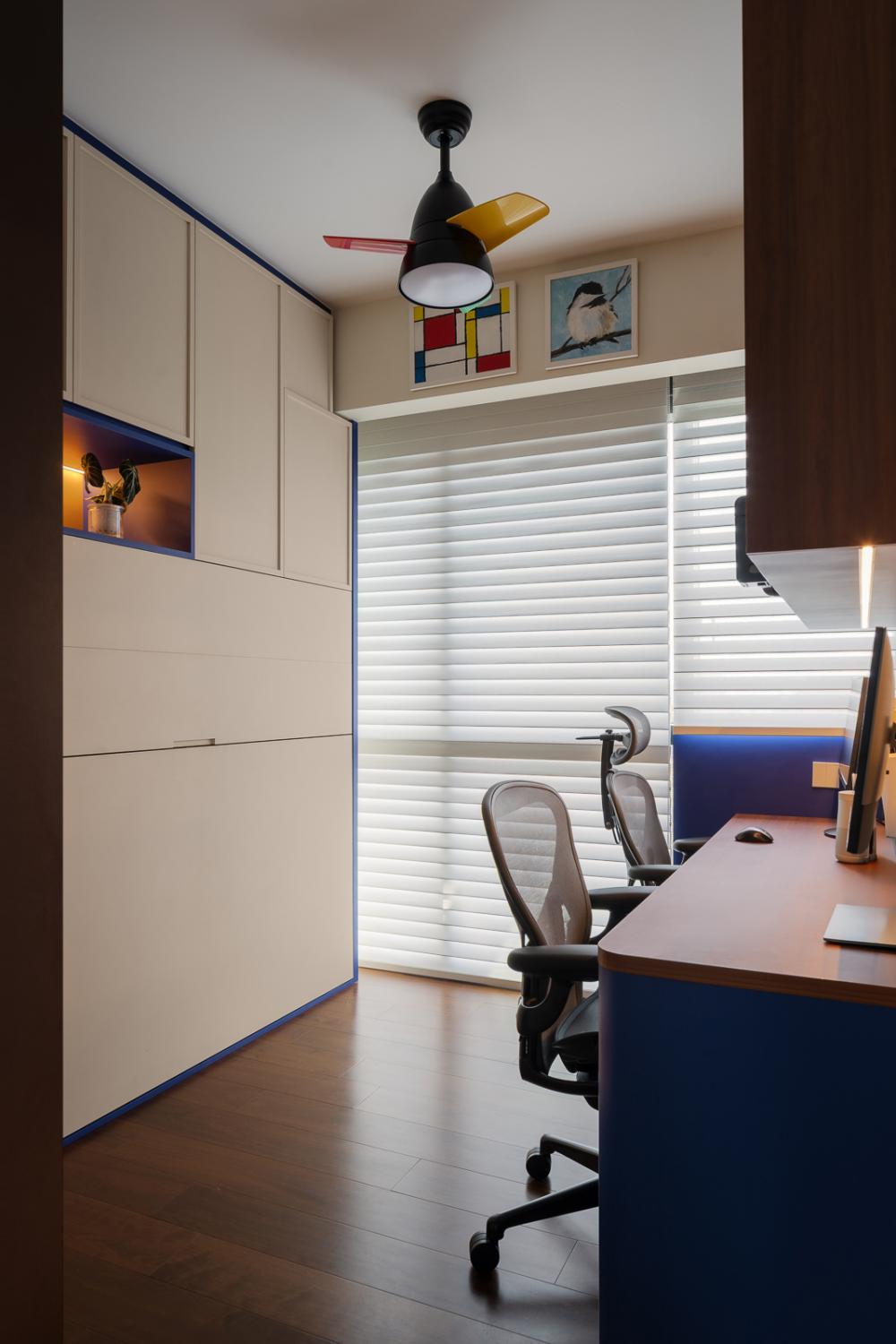 Eclectic Study with Bookshelf and Storage Cabinets