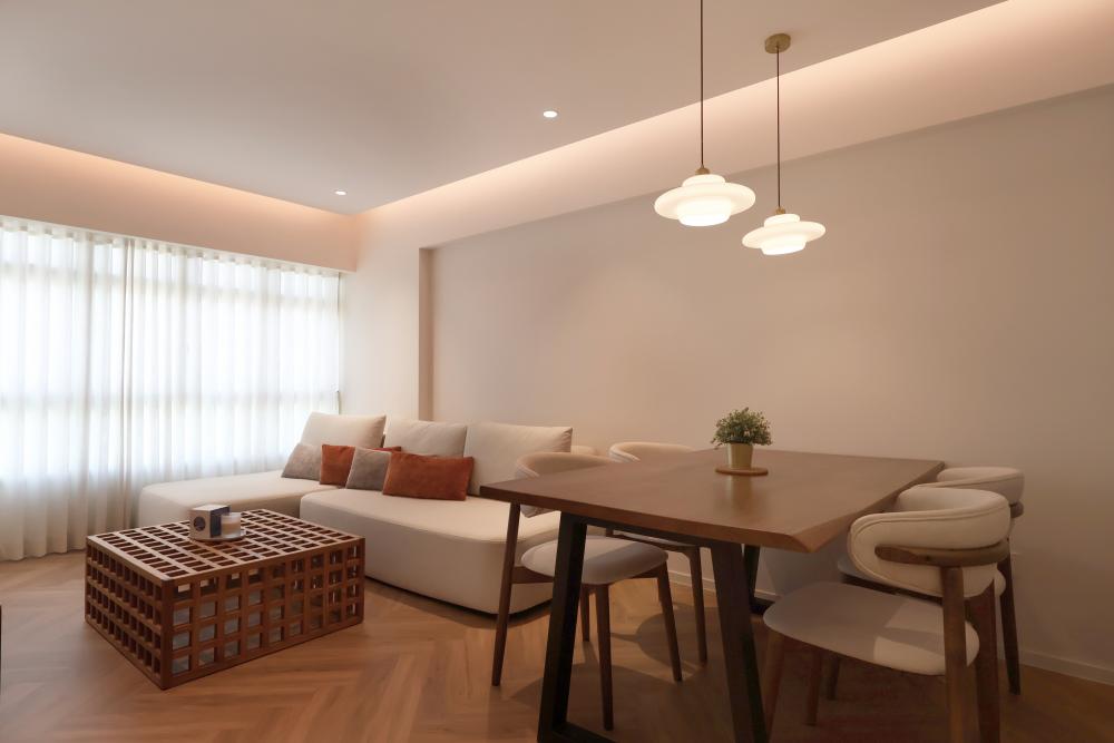 Scandinavian Dining Room with Ceiling Light and Chandelier