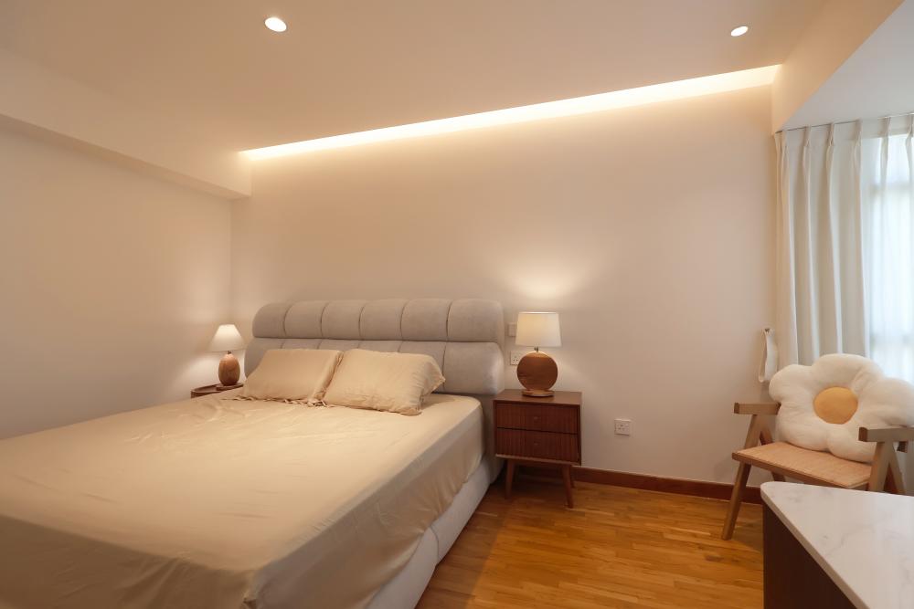 Scandinavian Bedroom with Vinyl Flooring and Cove Lighting