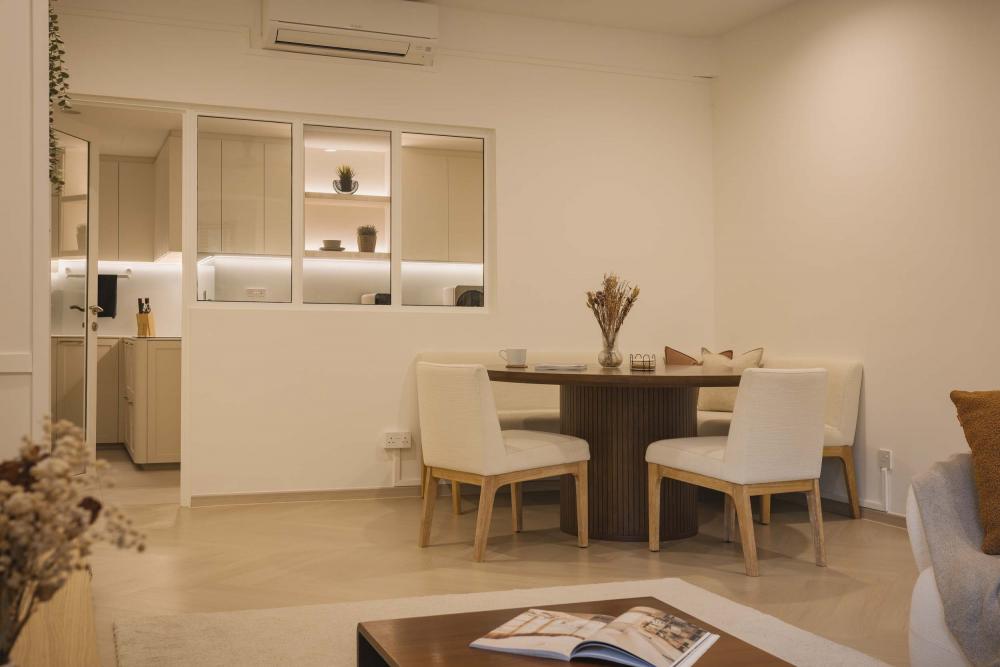 Country Dining Room with Herringbone Tiling and Wood Flooring