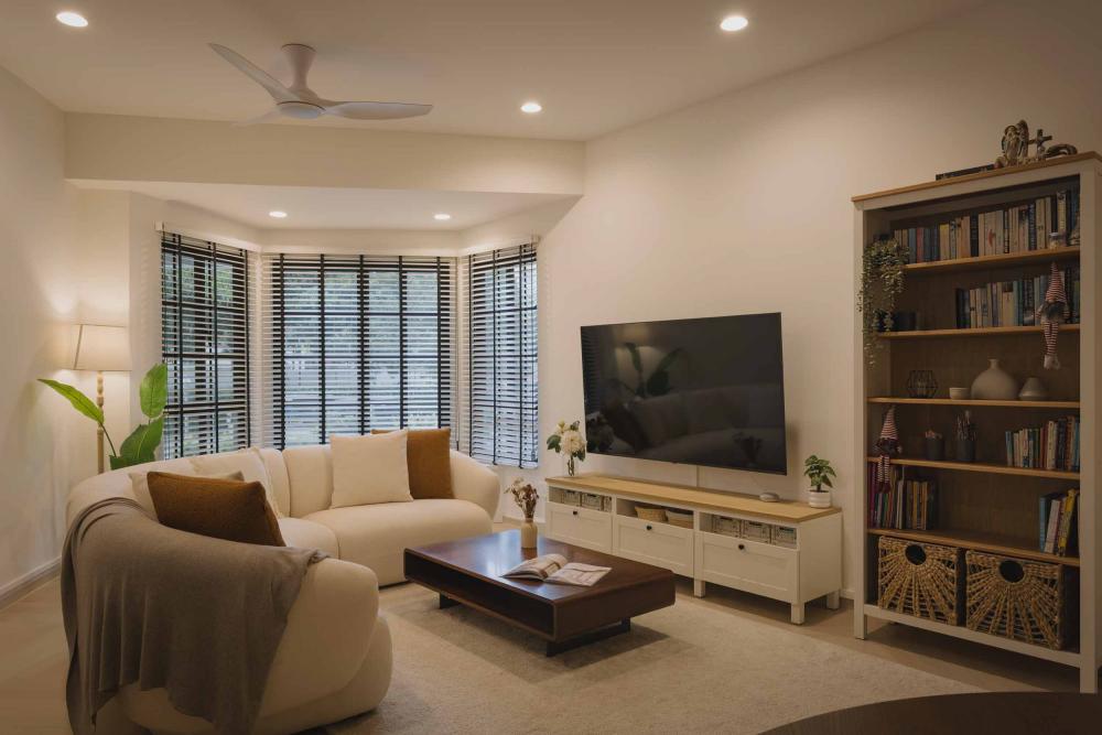 Country Living Room with Bookshelf and TV Console