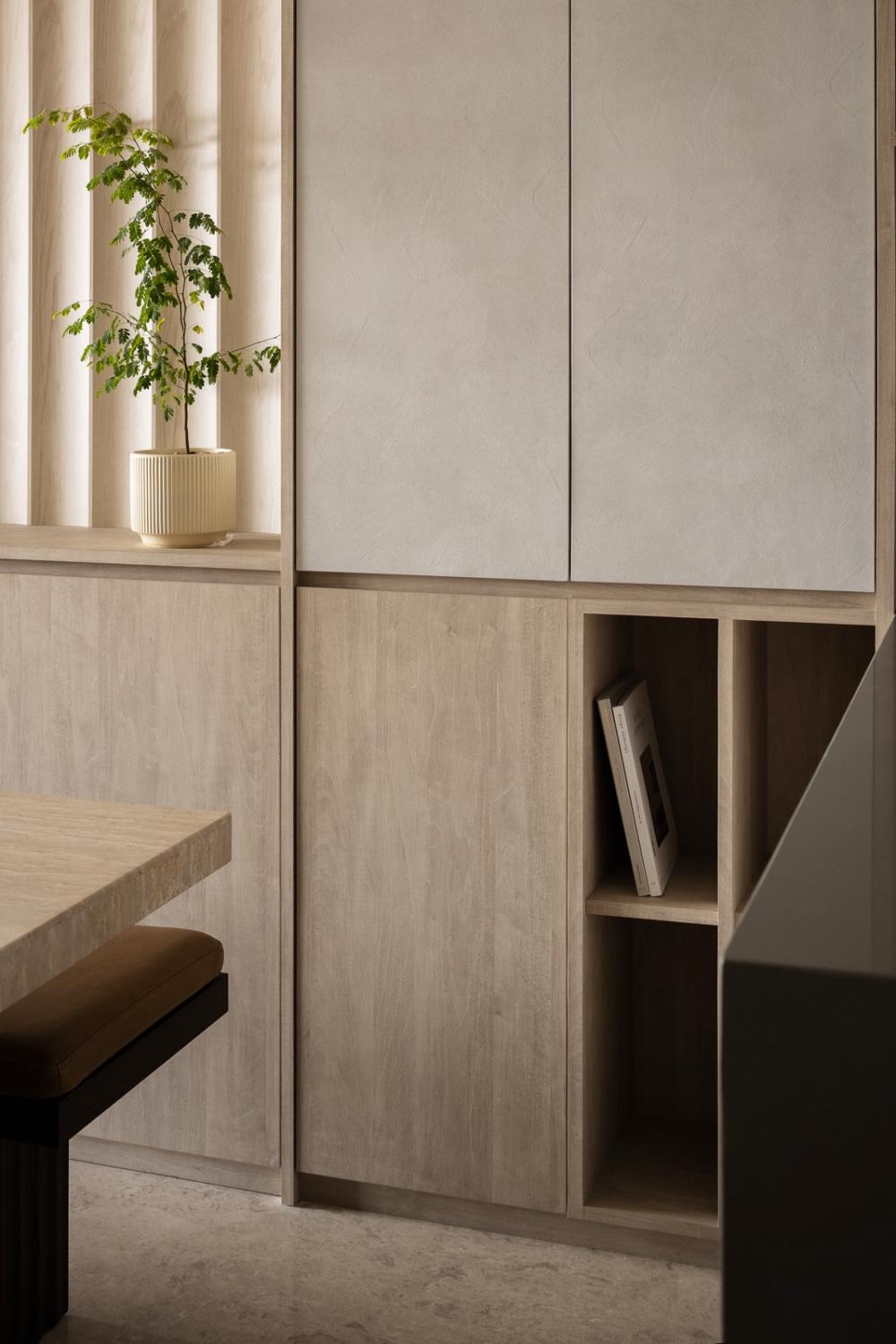 Modern Dining Room with Feature Wall and Storage Cabinets