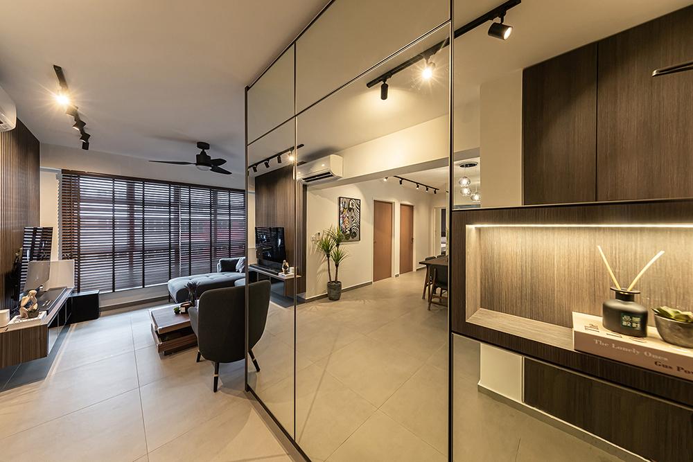 Modern Foyer with Homogeneous Tiles and TV Console
