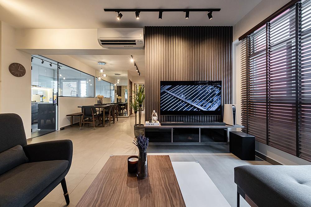 Modern Living Room with Homogeneous Tiles and TV Console