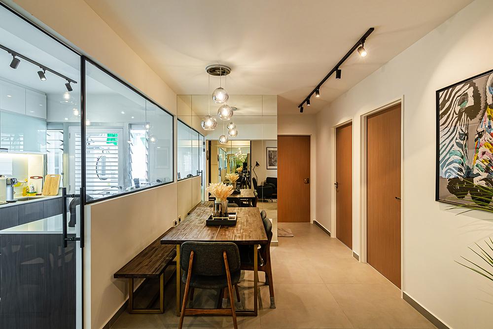Modern Dining Room with Mirror and Glass Door