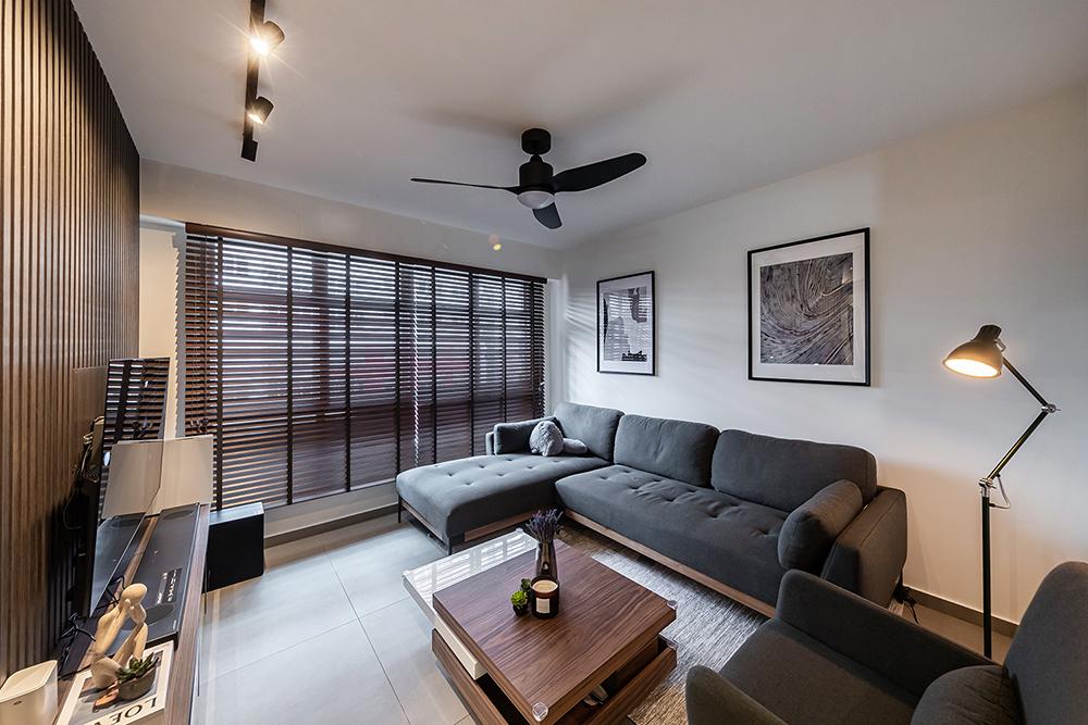 Modern Living Room with Homogeneous Tiles and Lighting