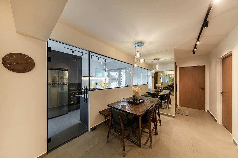 Modern Dining Room with Homogeneous Tiles and Mirror