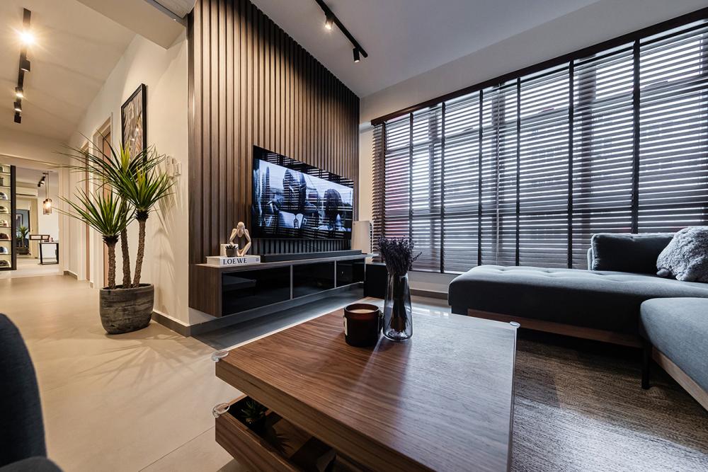 Modern Living Room with Homogeneous Tiles and TV Console