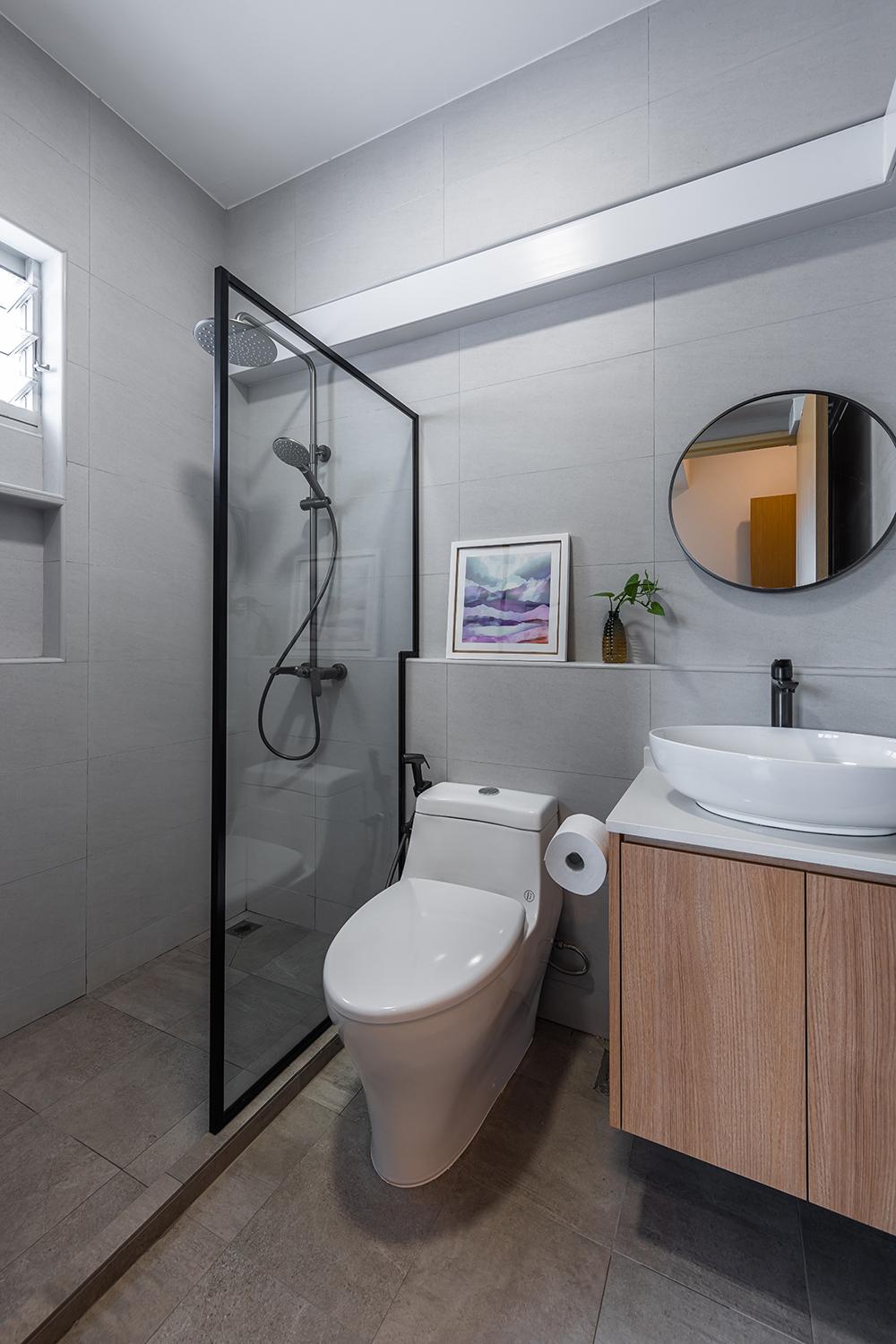 Scandinavian Bathroom with Homogeneous Tiles and Vanity Counter