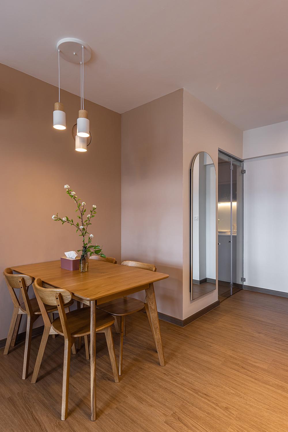 Scandinavian Dining Room with Vinyl Flooring and Mirror