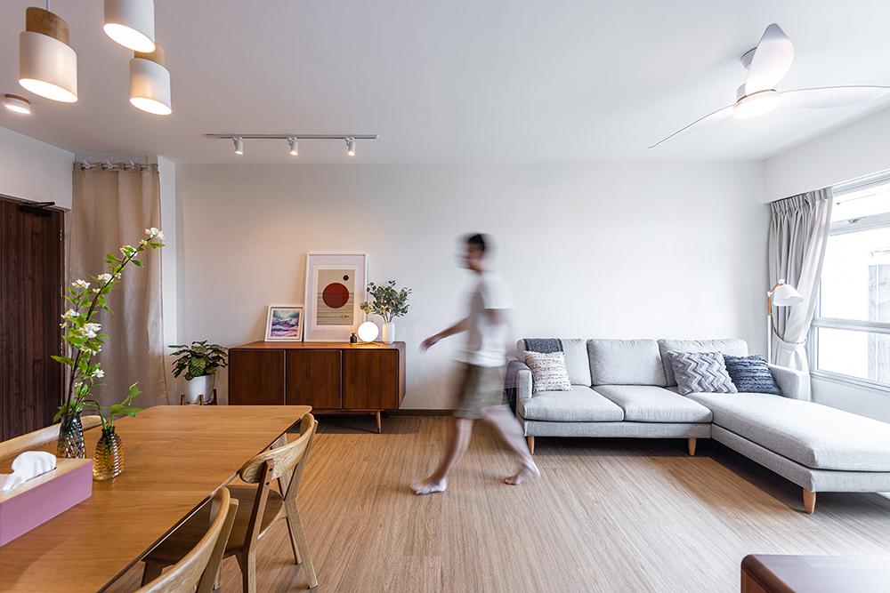 Scandinavian Living Room with Vinyl Flooring and Storage Cabinets