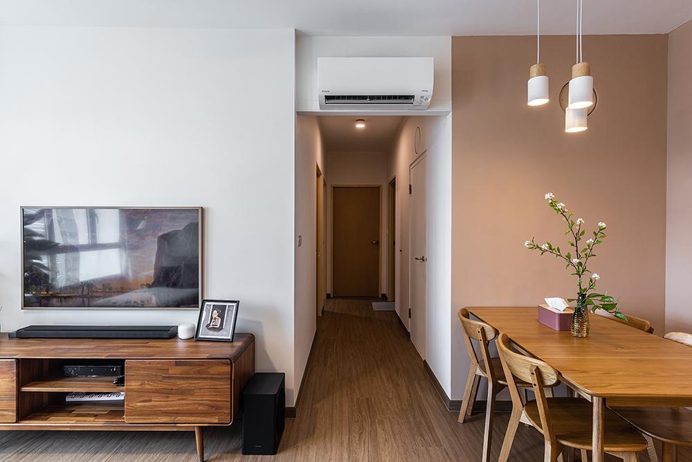 Scandinavian Living Room with Vinyl Flooring and Paintings