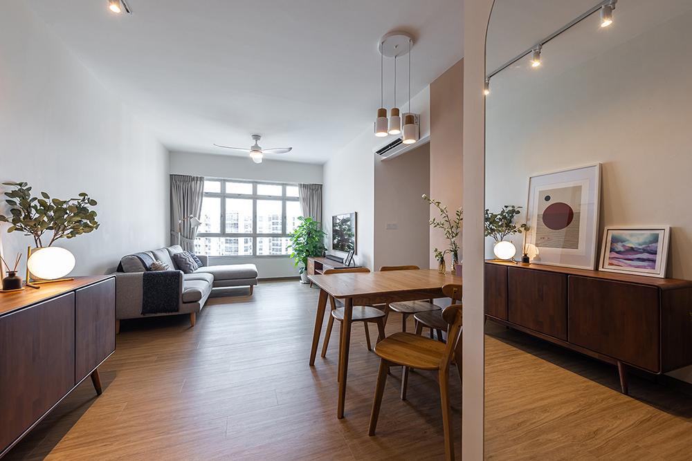 Scandinavian Living Room with Vinyl Flooring and Mirror