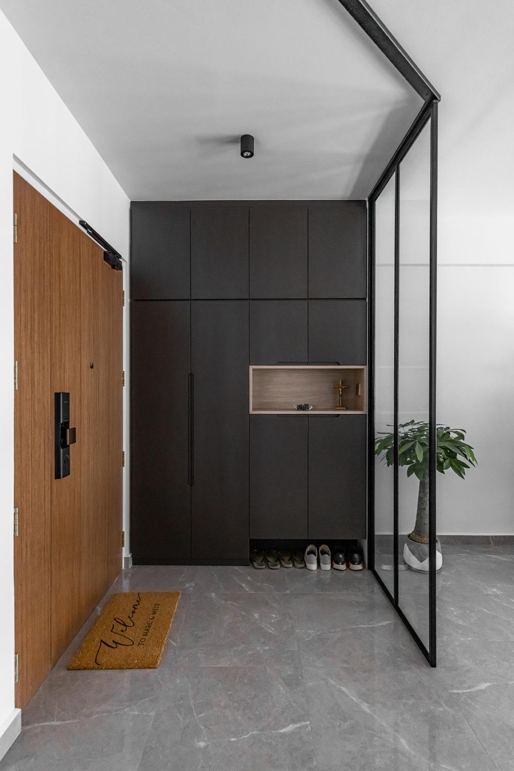 Industrial Foyer with Storage Cabinets and Display Cabinets