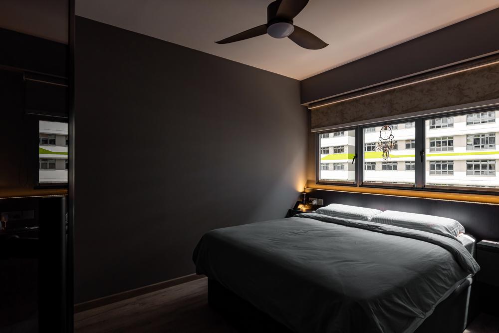 Industrial Bedroom with Vinyl Flooring and Feature Wall