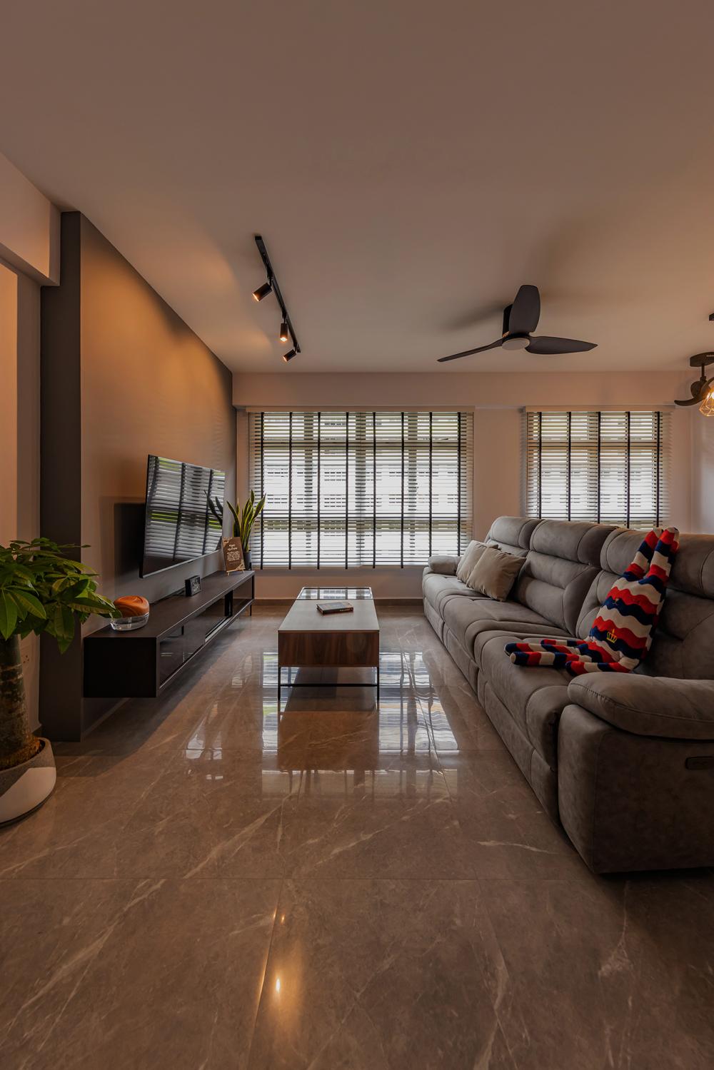 Industrial Living Room with Homogeneous Tiles and TV Console
