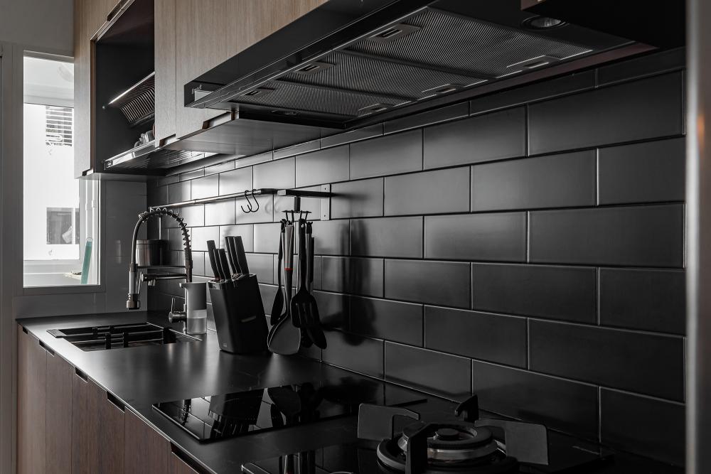 Industrial Kitchen with Countertop and Herringbone Tiling