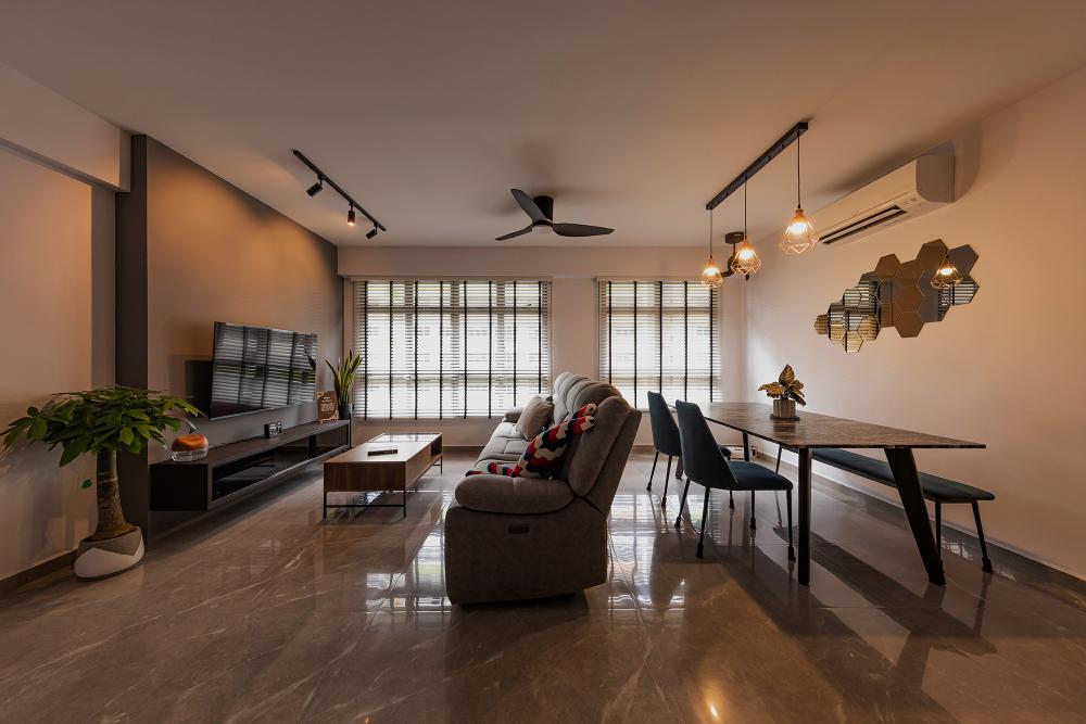 Industrial Living Room with Homogeneous Tiles and TV Console