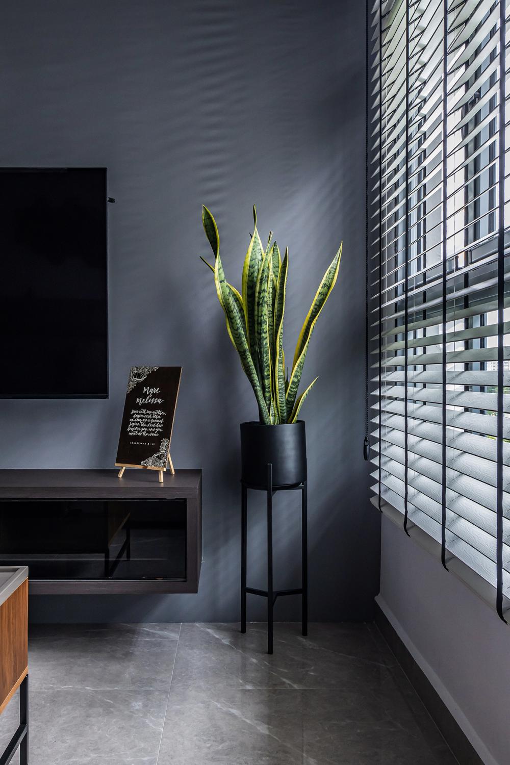 Industrial Living Room with Homogeneous Tiles and TV Console
