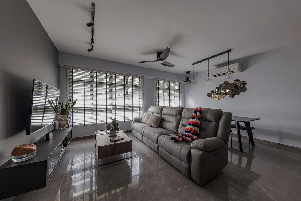 Industrial Living Room with Homogeneous Tiles and TV Console