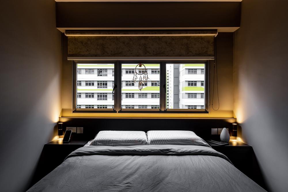 Industrial Bedroom with Feature Wall and Bedside Table