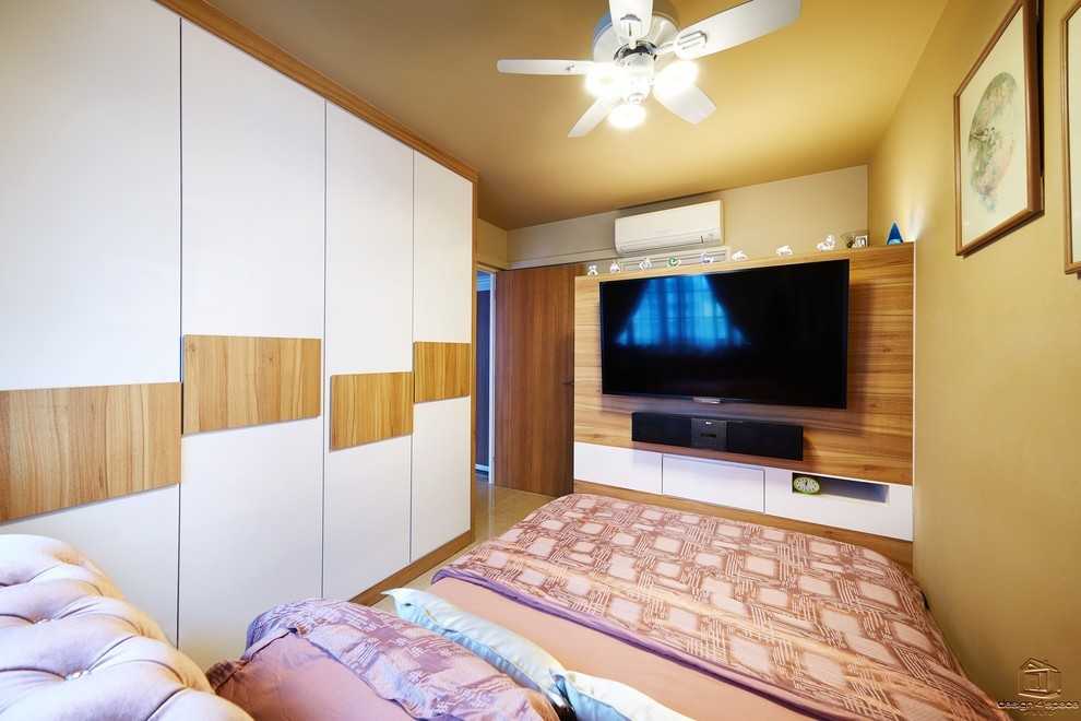 Asian Bedroom with Wood Flooring and Wardrobe