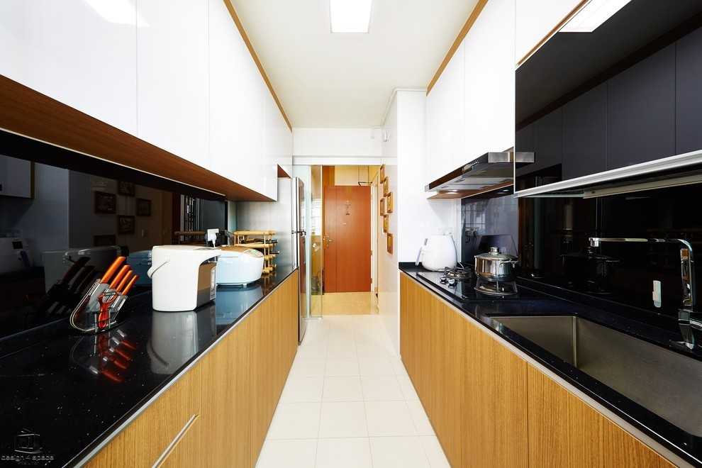 Asian Kitchen with Homogeneous Tiles and Wood Flooring