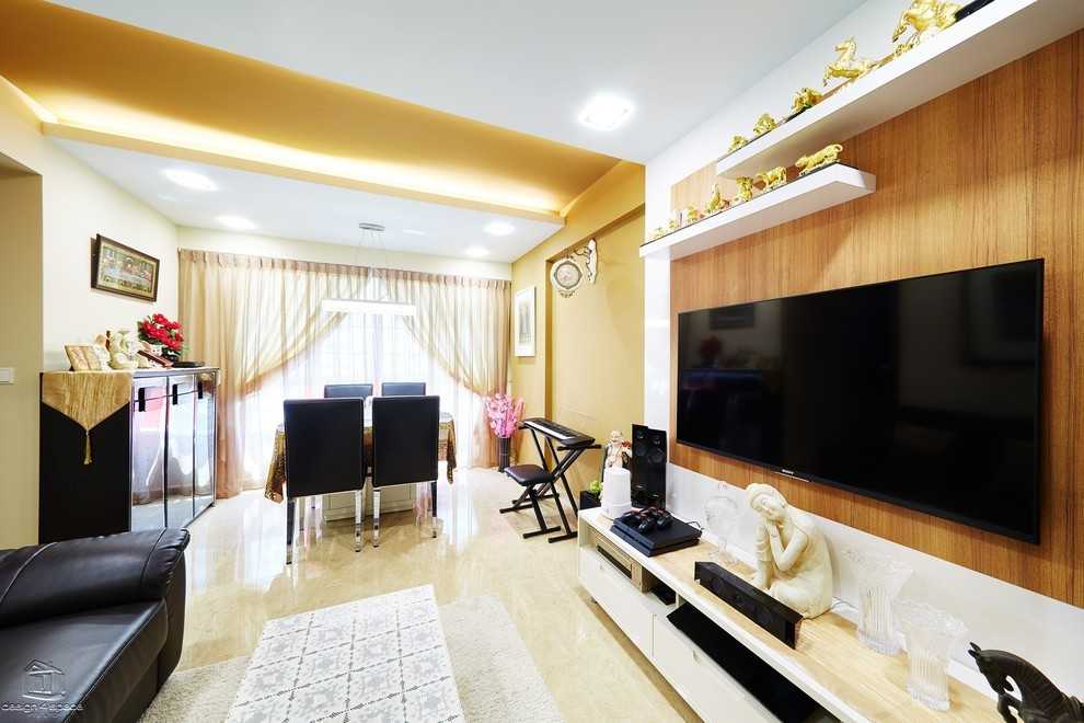 Asian Living Room with Wood Flooring and TV Console