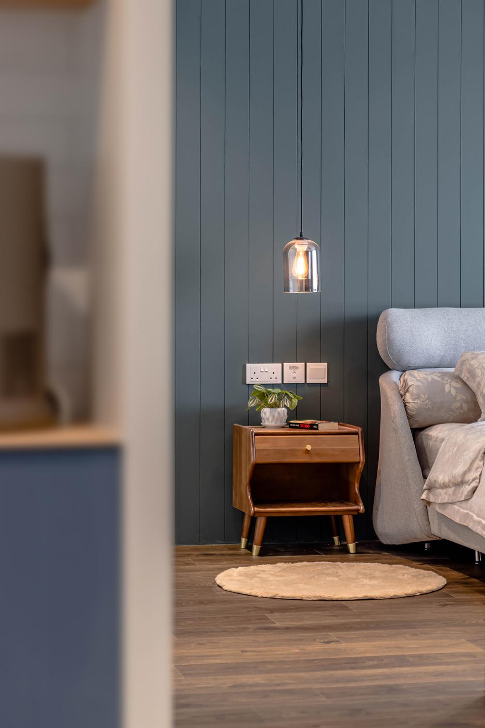 Country Bedroom with Vinyl Flooring and Feature Wall