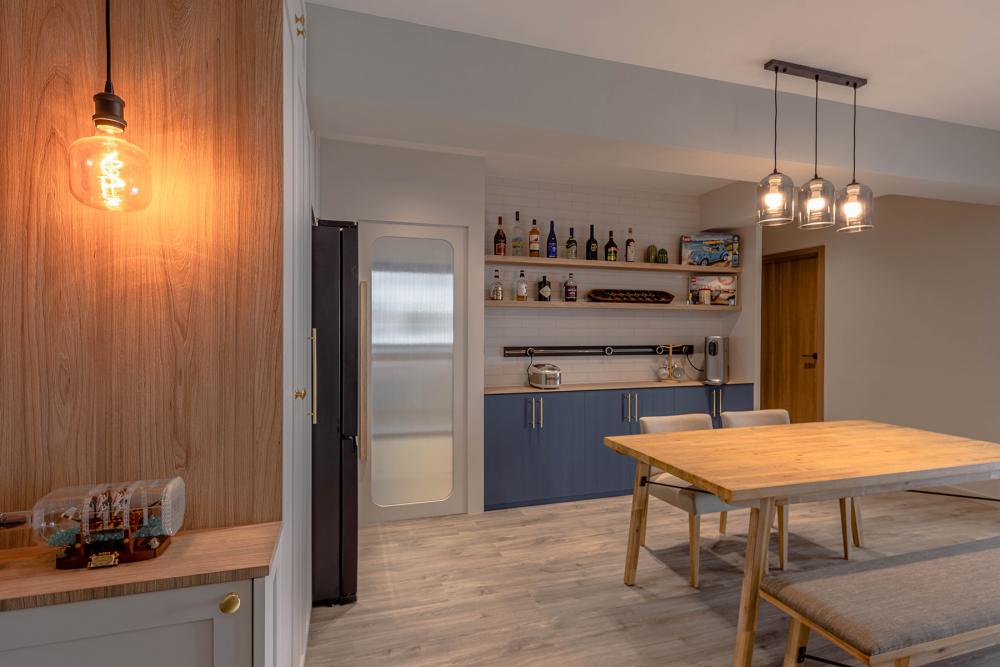 Country Dining Room with Vinyl Flooring and Feature Wall