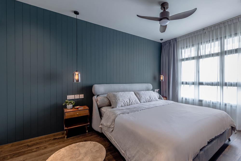 Country Bedroom with Vinyl Flooring and Feature Wall
