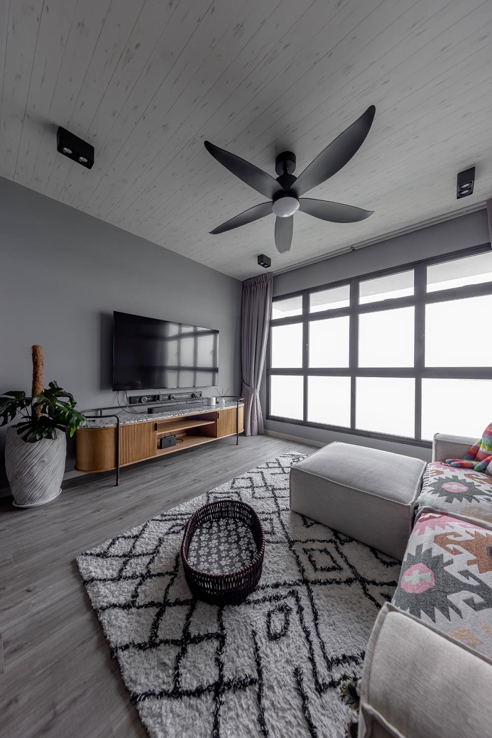 Country Living Room with Vinyl Flooring and Wallpaper