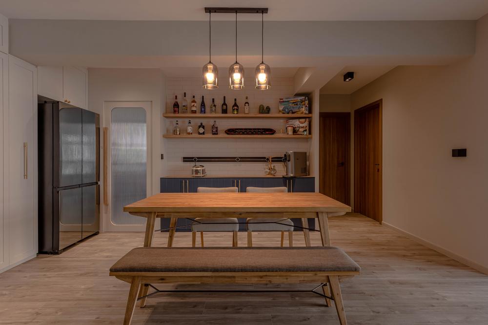 Country Dining Room with Vinyl Flooring and Feature Wall
