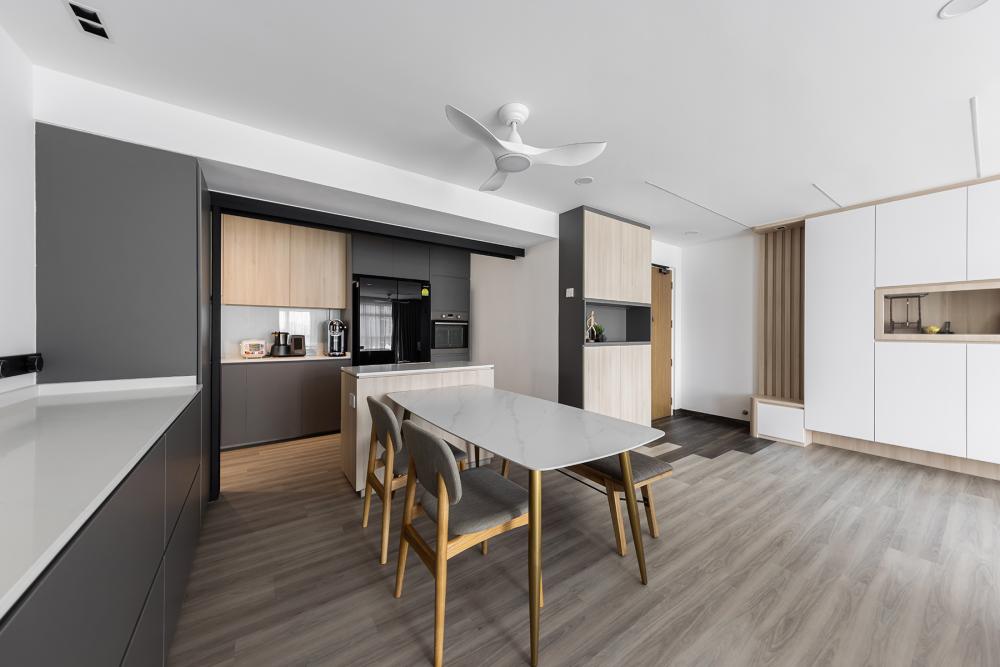 Modern Dining Room with Vinyl Flooring and Kitchen Island