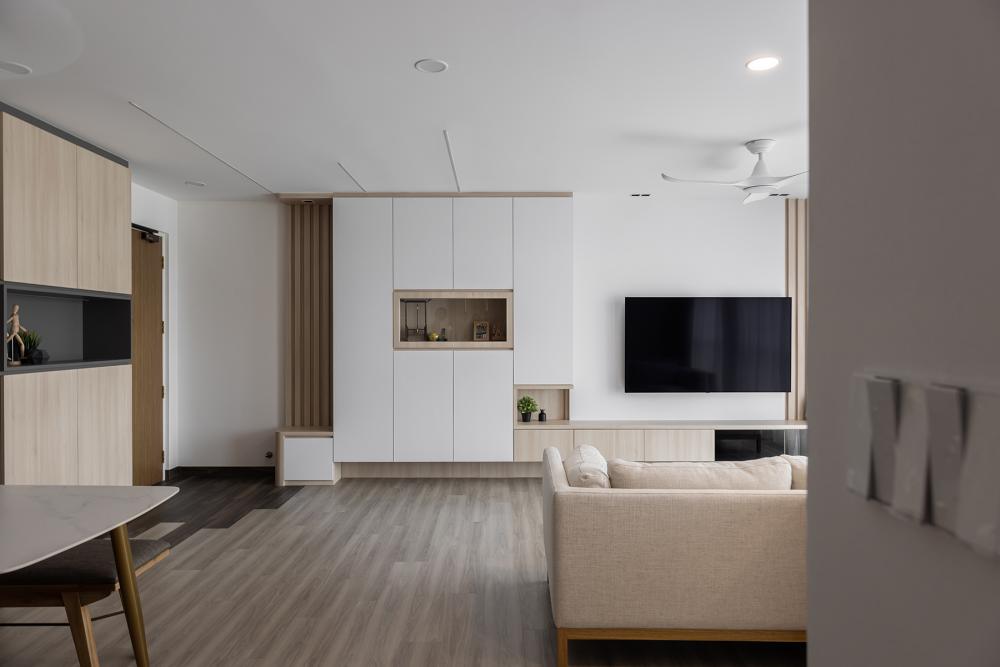 Modern Living Room with Vinyl Flooring and Feature Wall