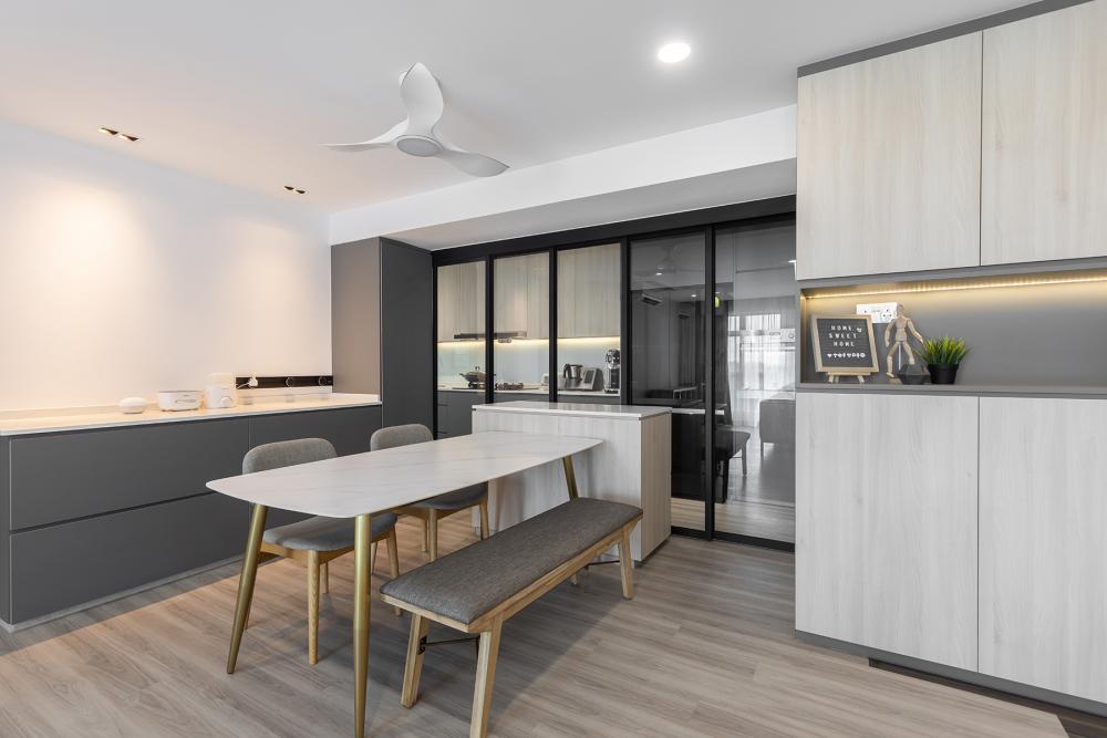 Modern Dining Room with Vinyl Flooring and Kitchen Island