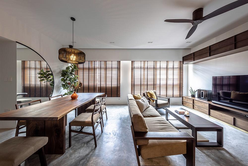Scandinavian Living Room with Cement Floor and TV Console